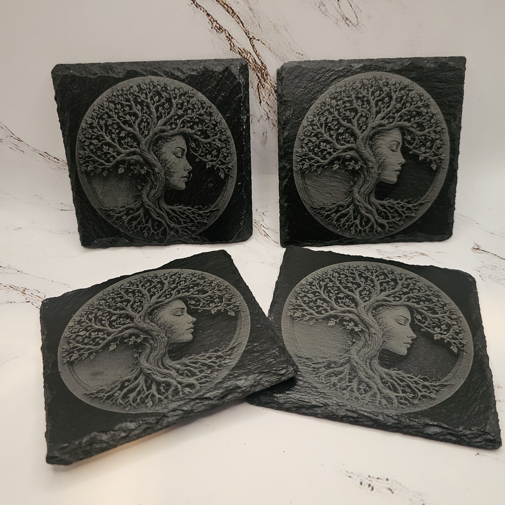 Hand Crafted Slate Coasters with Tree Design - Black and Gray